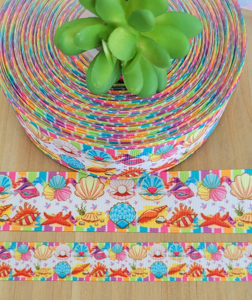 Cinta de grosgrain tropical de 7/8 y 1,5" (1 yarda) conchas marinas estrellas de mar playa océano mar Foto 1 de 1