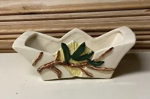 Vintage McCoy Pottery Geometric Brown Branch Dark Green Leaves White Planter - Picture 1 of 5
