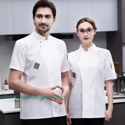 Unisex Men Women Chef Jacket Short Sleeve Summer Cook Coat Kitchen Uniform M-4XL - Image 1 of 4