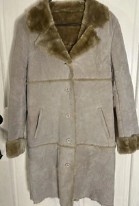 Brandon Thomas Women's WINTER Beige SUEDE Leather Jacket Fur Lined Trench Med - Picture 1 of 11