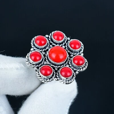 Naturale Corallo Rosso Gemma 925 Argento Sterling Fiore Fatto a Mano Anelli - Immagine 1 di 4