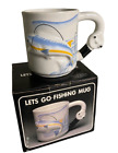 Vintage Emson Fish and Fishing Reel Coffee Mug Cup 3D White Embossed Sportsman