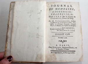 JOURNAL DE MEDECINE CHIRURGIE PHARMACIE par VANDERMONDE JUIL. A DEC 1758 TOME IX - Foto 1 di 12