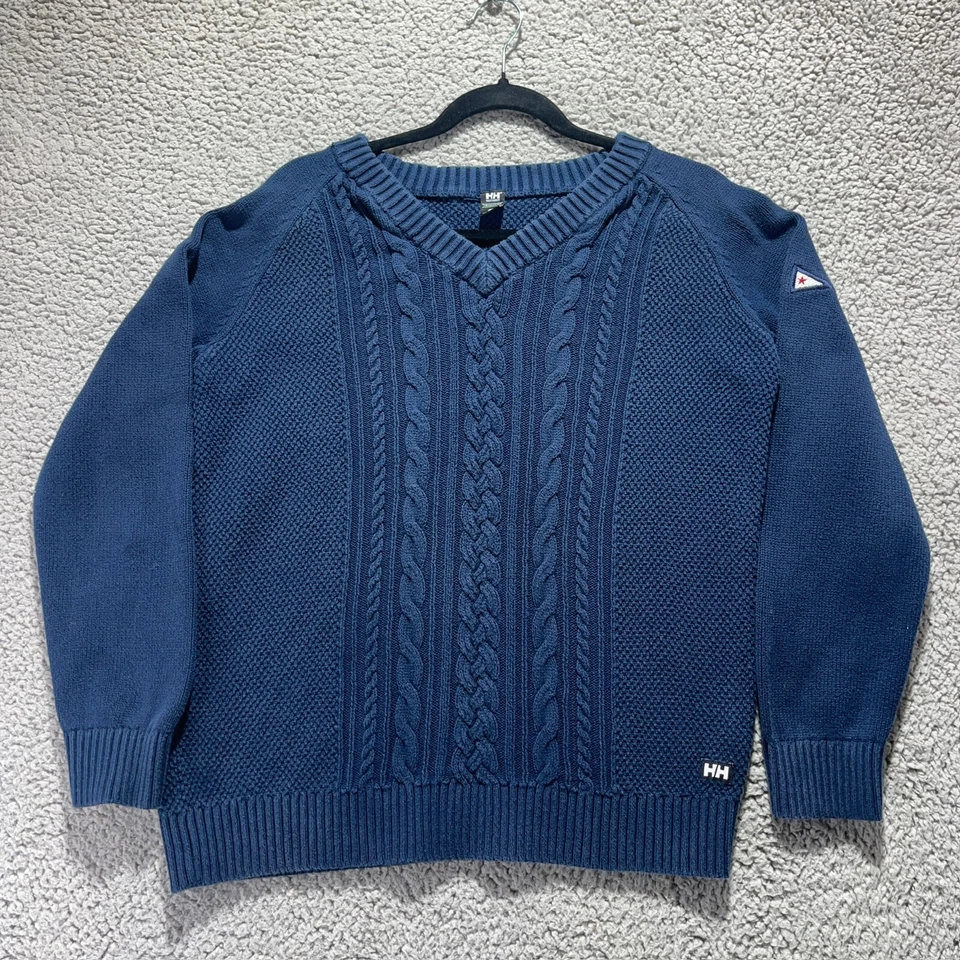 Helly Hansen Sweater M Blue Ribbed V-Neck Cotton Blend Pullover Casual Knit - Image 1 of 4