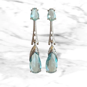 European Style Sky Blue Topaz Silver Woman Dangle Drop Earrings Wedding - Picture 1 of 7