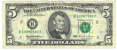 1995 5$ FRN - SP w/ security thread - MEW/RER B13987582F - Rare - #17245 - Image 1 of 2