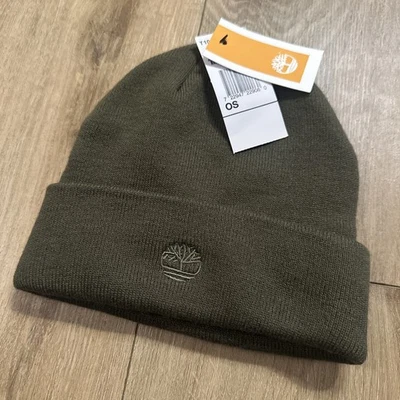 Timberland Beanie Mens Green Embroidered Logo Folded Cuff Knitted Hat NEW - Image 1 of 4