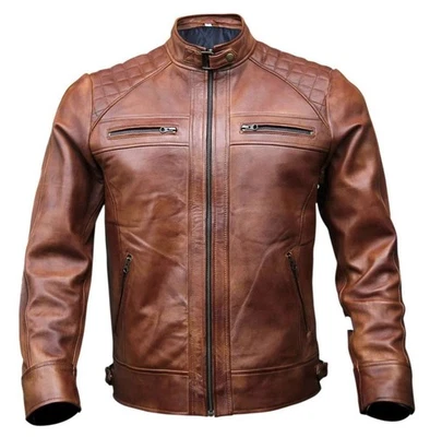 Men’s Brown Cafe Racer Motorcycle Biker Stylish Jacket Genuine Cowhide Leather - Image 1 of 4
