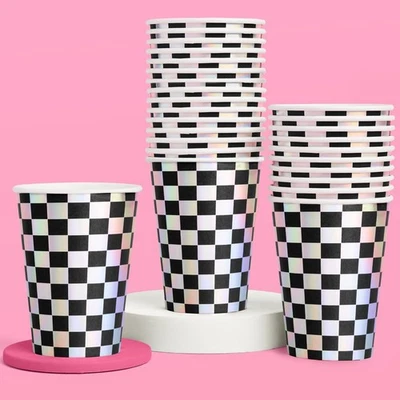 , Party Decorations Checkered Black + Iridescent Paper Cups - 50 Disposable 1... - Image 1 of 4