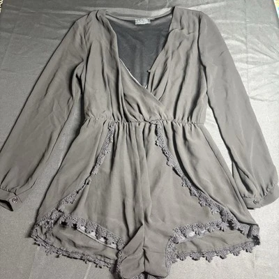 ASTR The Label Women's Lace Trim Long Sleeve Chiffon Sheer Romper Black Size L - Image 1 of 4