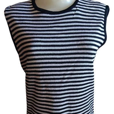 Large Vintage 70's Black & White Striped Sleeveless Knit Top Back Zipper Stretch - Image 1 of 4