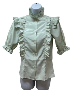 Vintage 70's 80's High Neck Ruffle Blouse Shirt Pastel Mint Green Fit Size L - Picture 1 of 9
