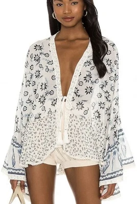 Free People Placed Print Lola Kimono Sz M Blue Combo Tassel Tie Bell Sleeve Boho - Image 1 of 4