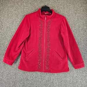 Quacker Factory Fleece Jacket Womens Medium Diamond Jewel Zipper Pockets Red - Picture 1 of 9