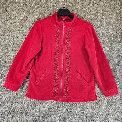 Quacker Factory Fleece Jacket Womens Medium Diamond Jewel Zipper Pockets Red - Image 1 of 4
