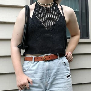 Womens Crochet Top Size 16 Black Halter Crop Sleeveless Festival Goth Grunge Alt - Picture 1 of 8