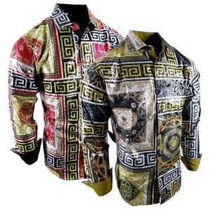 Mens Designer Shirt Italian Florals Shiny Foil Paisley Overlay Button Up Stretch - Picture 1 of 13