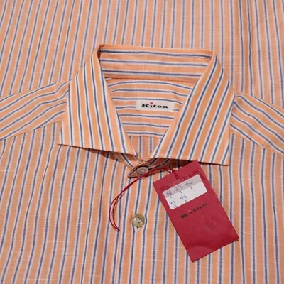 Camisa social Kiton nova com etiquetas tamanho 40 15,75 em laranja/azul/branco listras linho e algodão - Imagem 1 de 4