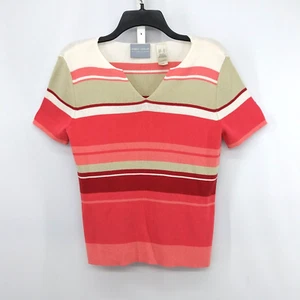First Issue Shirt Womens Size S Orange Striped Short Sleeve V-Neck Knit Top - Picture 1 of 6