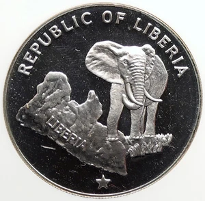 1973 LIBERIA State Map w Elephant VINTAGE OLD Proof Silver $5 Coin NGC i106530 - Picture 1 of 5