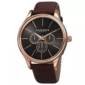 Akribos XXIV AK870RG Giorno Data Gmt Cinturino IN Pelle Marrone Tonalità Rosa Da - Foto 1 di 5