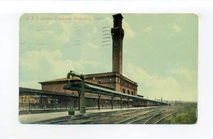 Waterbury CT 1911 postcard, railroad station, spigot arm dripping into barrel - Picture 1 of 3