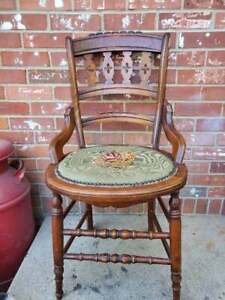Antique Walnut Chair Sage Green Needlepoint Ornate Carved Backrest Spindles #2