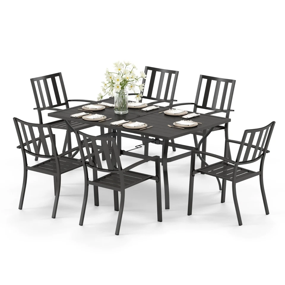 PHI VILLA Outdoor Furniture Set Patio Dining Set Stackable Metal Chairs & Table w/Umbrella