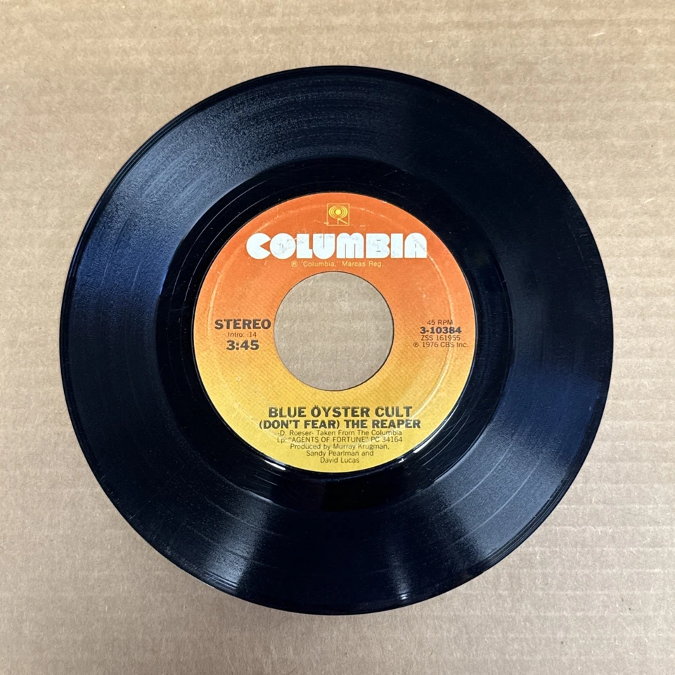 45 об/мин винтажный 7-дюймовый виниловый музыкальный автомат с одним хитом Blue Oyster Cult Fear Reaper - Изображение 1 из 1
