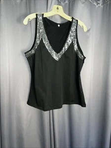 Ladies sequin V-neck tank top black 1XL - Picture 1 of 11