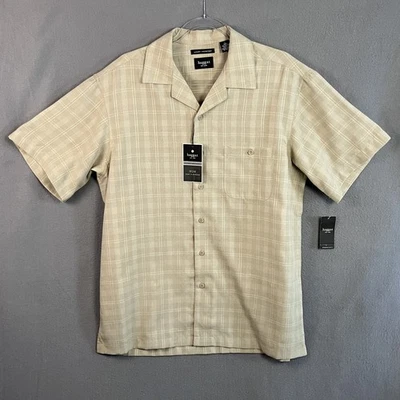 Haggar Men's Luxury Microfiber Short Sleeve Button-Up Shirt Size L Tan Plaid NWT - Image 1 of 4