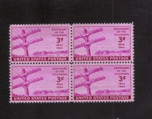 US STAMP 924 BLOCK OF 4 PINK 3c Centenary of Telegraph 1944 MINT NH OG FREE SHIP - Picture 1 of 1