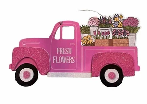 Pink “Fresh Flowers” Truck • Spring • Sign • Door Decor • Shabby Chic Farmhouse - Picture 1 of 3