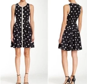 Betsey Johnson Black White Polka Dot Fit and Flare Zip Front Scuba Dress Size 8 - Picture 1 of 15