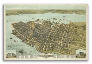 Bird's Eye View 1872 Charleston South Carolina Vintage Style City Map - 24x36 - Picture 1 of 4