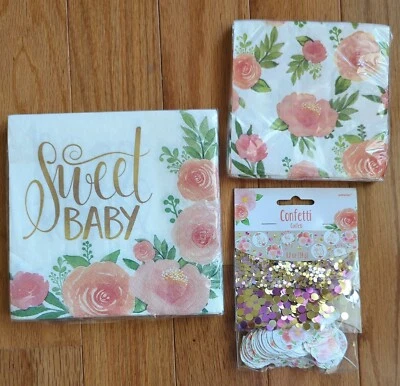 Servilletas florales de ducha para bebé niña dulce suministros de fiesta 3 piezas (2 tamaños) + confeti  Foto 1 de 4