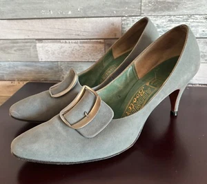 1950s So Unmistakably Johansen Sz 6.5 Suede Pumps Blue-Gray 2.5” Kitten Heel Vtg - Picture 1 of 13