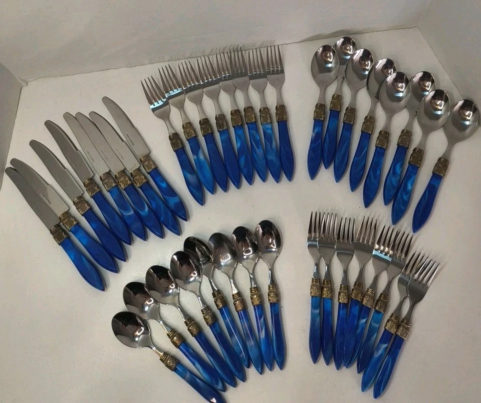 Juego de 40 cubiertos Art Deco estilo vintage Stanley Roberts azul mármol acero inoxidable  Foto 1 de 4