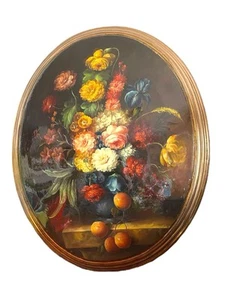 Large Floral Still Life Convex Classic Oil Painting Oval Gilt Wood Frame 22” - Picture 1 of 23