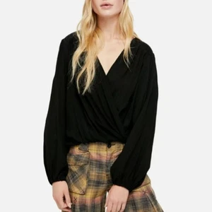 Free People Black Check On It Draped Wrap Balloon Sleeve Top Blouse WMNS S Black - Picture 1 of 8