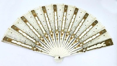 Antique White Lace & Gold Spangled Victorian Hand Fan w/ Painted Wooden Sticks - Image 1 of 4