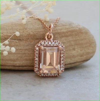Кулон морганит 2,20 карата изумрудная огранка лабораторное покрытие розовое золото 14 карат серебро 18 дюймов - Изображение 1 из 4