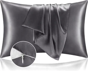 Satin Pillowcase with Zipper 2 Pack, Dark Grey Pillow Cases Standard Size, Super - Picture 1 of 1