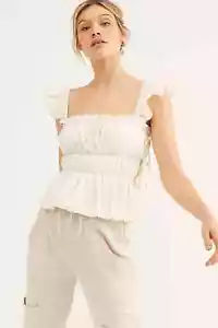 Free People Claude Corset Strap Tie Ruffle Flutter Blouse Top Ivory Medium - Picture 1 of 8