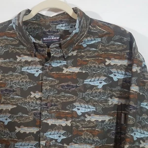 Men's Woolrich Fish Fishing Themed Shirt Green Camouflage Outdoors Cotton - XL - Picture 1 of 7
