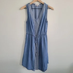 KNOX ROSE Dress Embroidered Chambray Sleeveless Women's XS Elastic Waist - Picture 1 of 5