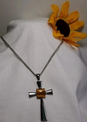 项链银色十字架吊坠大号方形老虎眼玛瑙石可调节 — 第 1/4 张图片