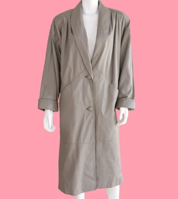 Vintage 80s Gray Taupe Leather Long Coat Size Medium Winter Full Length Coat - Image 1 of 4
