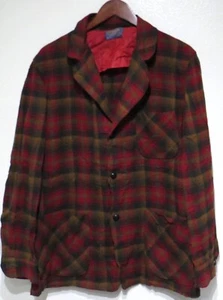 vtg Pendleton RED BROWN BLACK WOOL Sweater Jacket MED 60s/70s plaid blazer usa - Picture 1 of 10