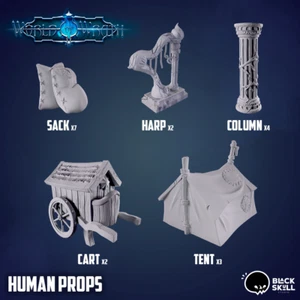 Dungeons & Dragons, RPG, Wargaming - Human Props, Cart, Column, Harp, Sack, Tent - Picture 1 of 26